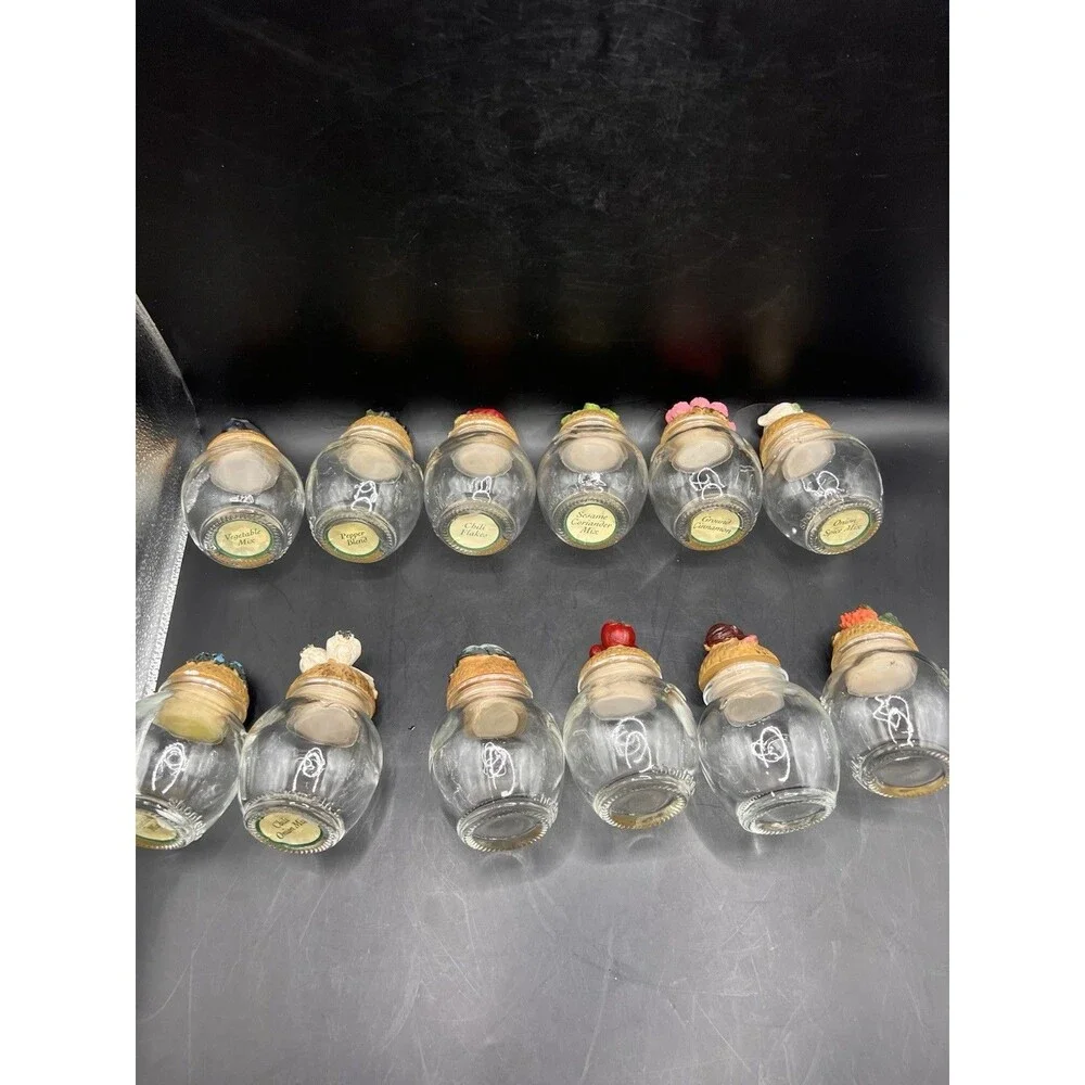 12 Collectible Vintage Shonfeld's Glass Spice Jars with Resin Cork Lids & Stand